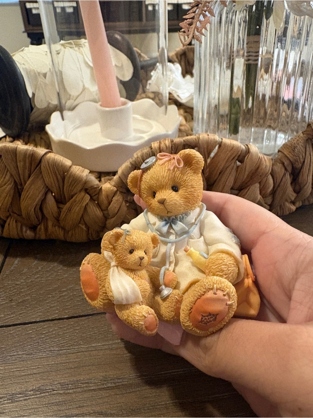Cherished Teddies Tan and Peach Mama Bear with Baby Figurine